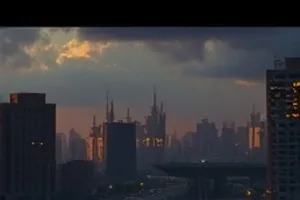 折叠之城封面画面，沿对角线折叠的街道建筑